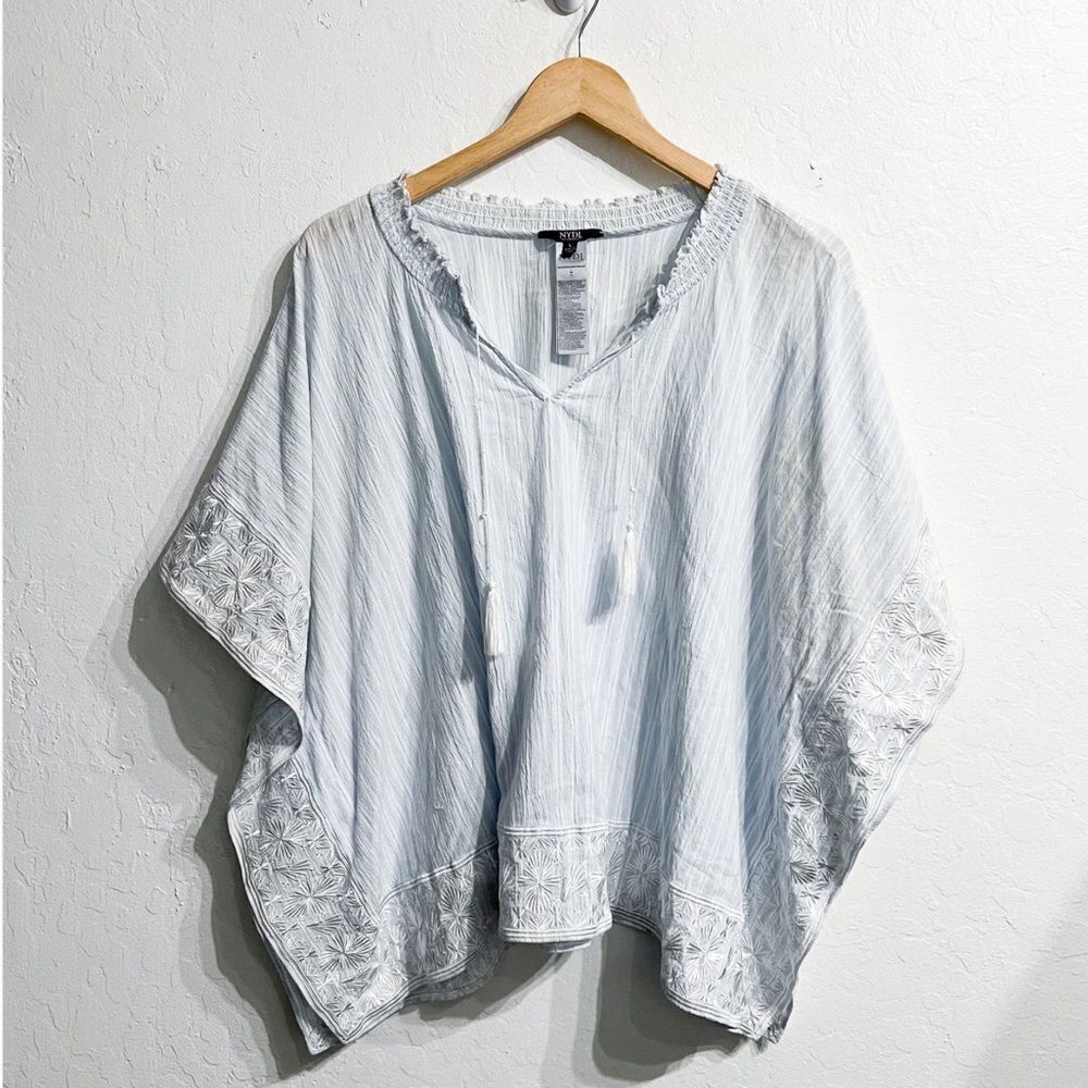 NYDJ Smocked Stripe Tassel Kaftan Embroidered Tunic L Blue Boho Cover Up Beachy